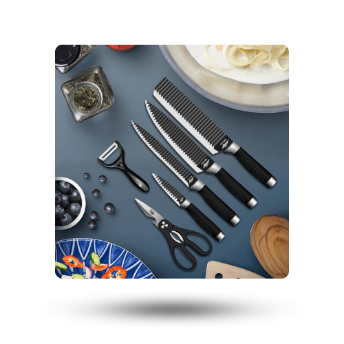 Zepter Kitchen Knife Set – 6-piece set with chef knife, bread knife, chopper, scissors, and peeler.