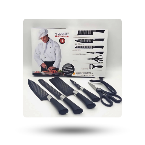 Zepter Kitchen Knife Set – 6-piece set with chef knife, bread knife, chopper, scissors, and peeler.